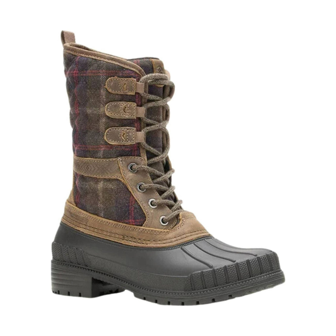 Tall brown and plaid winter boot with lace-up front, side toggles, and black rubber sole