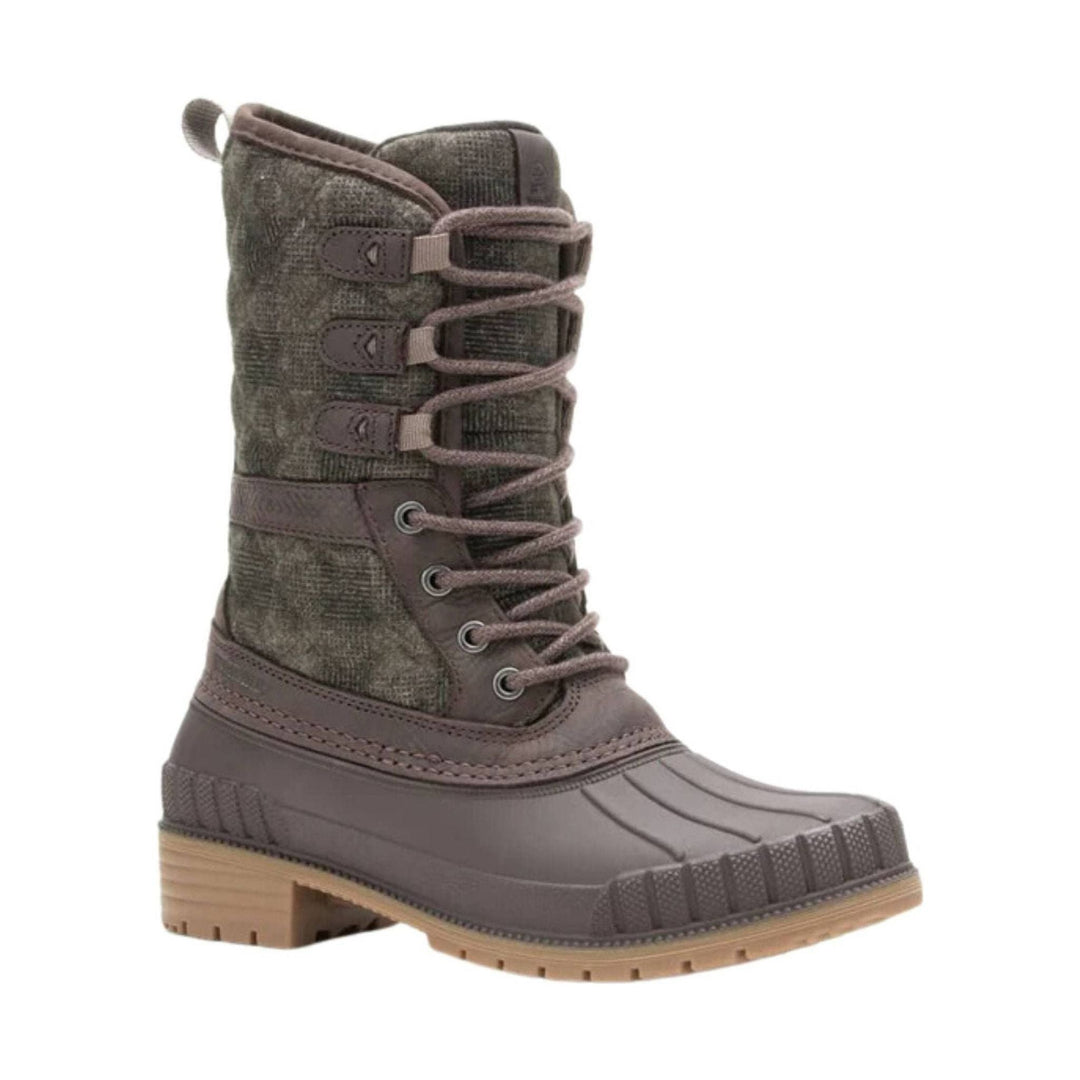 Tall brown winter boot with bungee laces, side loops, and a rubber toe cap