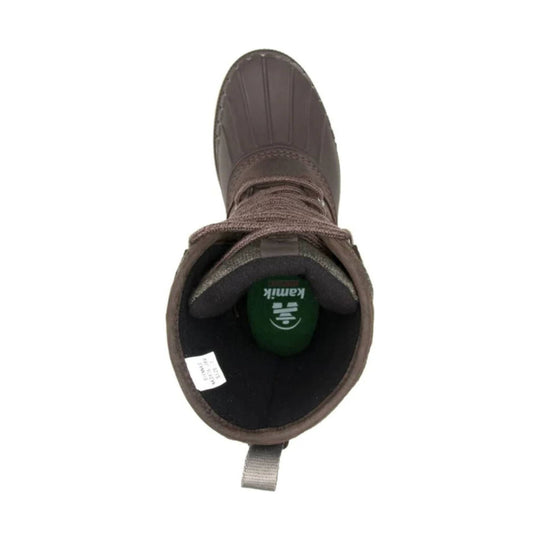 Brown winter boot with black lining and pull tab, viewed from above