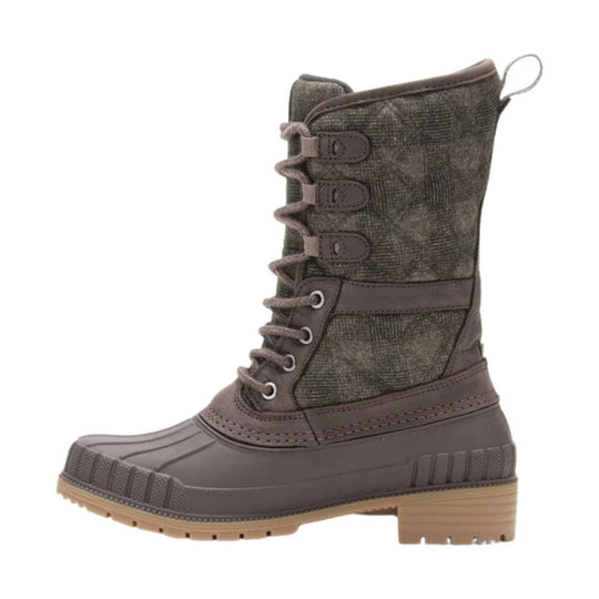 Brown lace-up winter boot with waterproof-looking rubber lower and faux-fur trim