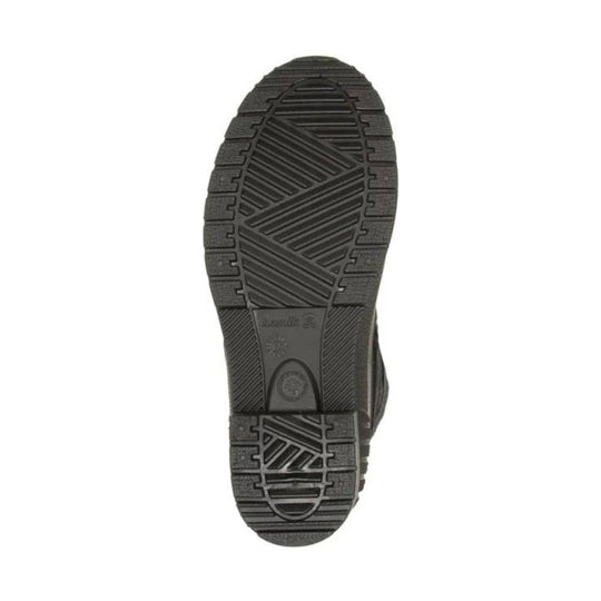 Black boot outsole with deep tread pattern, shown from below