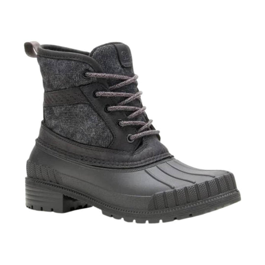 Dark gray winter boot with lace-up front, rubber toe cap, and thick lug sole