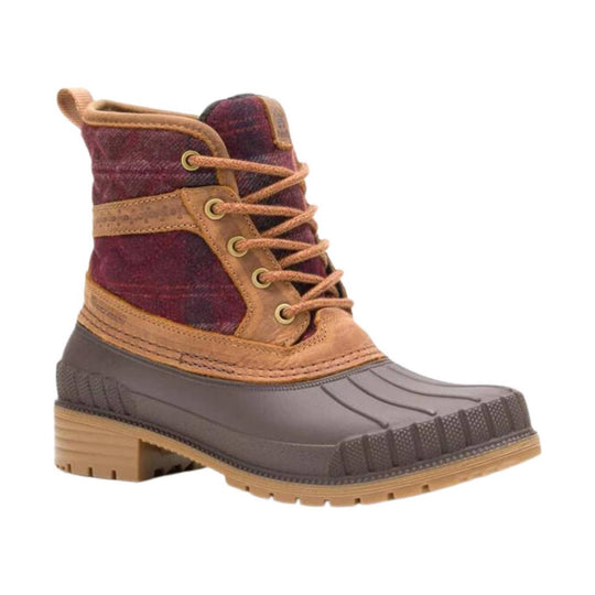 Maroon and tan mid-calf winter boot with lace-up front, rubber shell toe, and lug sole
