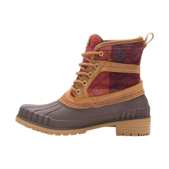 Brown winter boot with burgundy plaid shaft, tan laces, and rubber sole