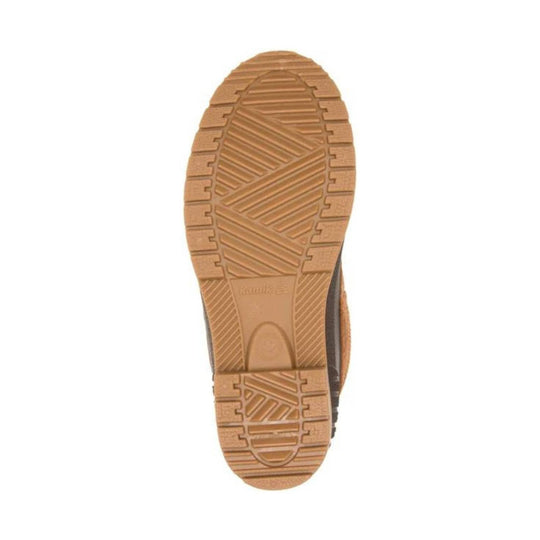 Tan boot outsole with deep tread pattern and embossed branding