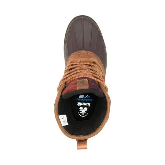 Brown winter boot with a rubber toe shell, tan laces, and black interior.