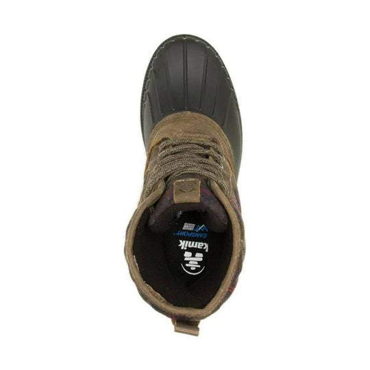 Top view of a brown and black winter boot with bungee laces