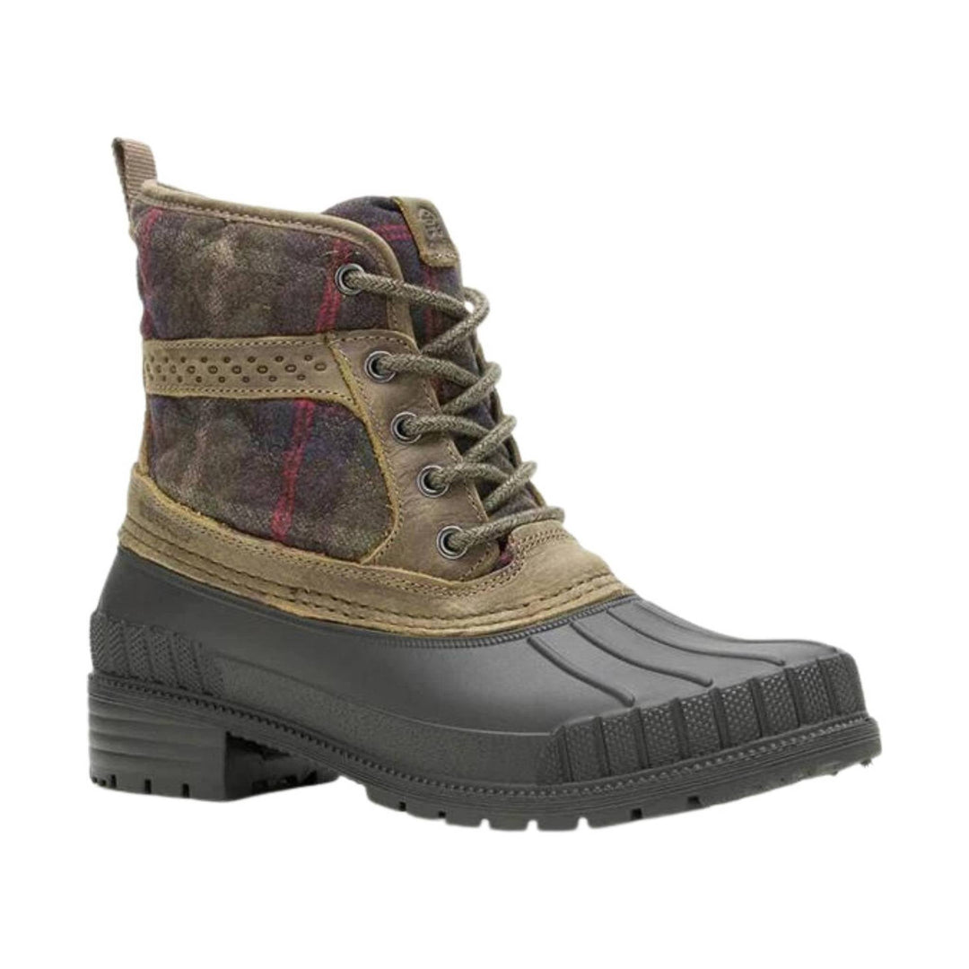 Lace-up winter boot with brown plaid upper, tan trim, and black rubber toe and sole