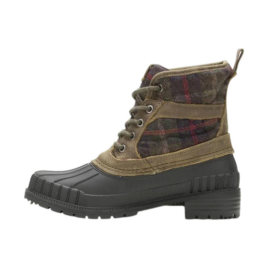 Brown plaid lace-up winter boot with black rubber sole