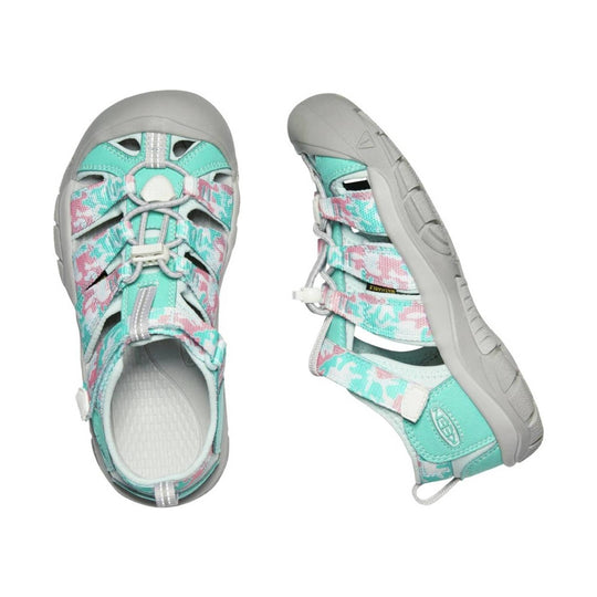 Turquoise and pink kids' closed-toe sandal with gray sole, bungee laces, and side cutouts