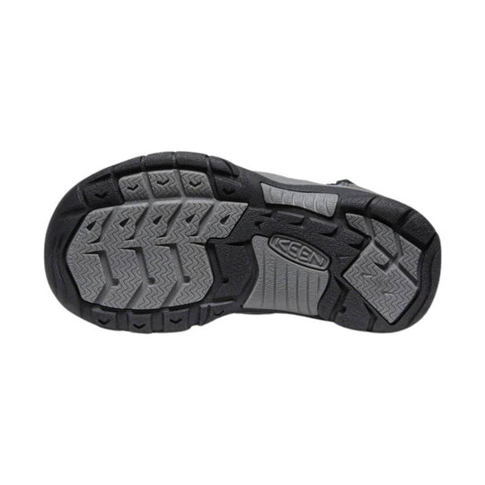 Black and gray rugged sandal outsole with deep tread and KEEN logo