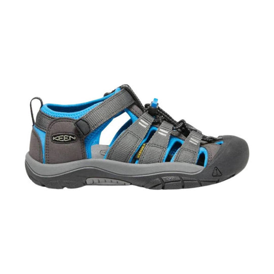 Gray and bright blue closed-toe hiking sandal with bungee laces, side cutouts, and KEEN logo