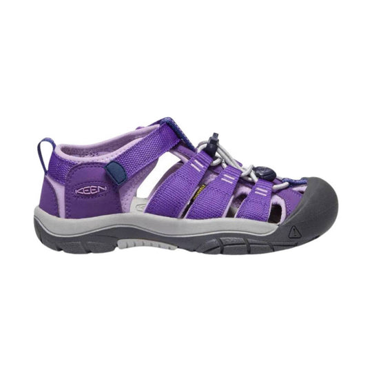 Purple closed-toe kids' sandal with bungee laces, side cutouts, and a black toe cap