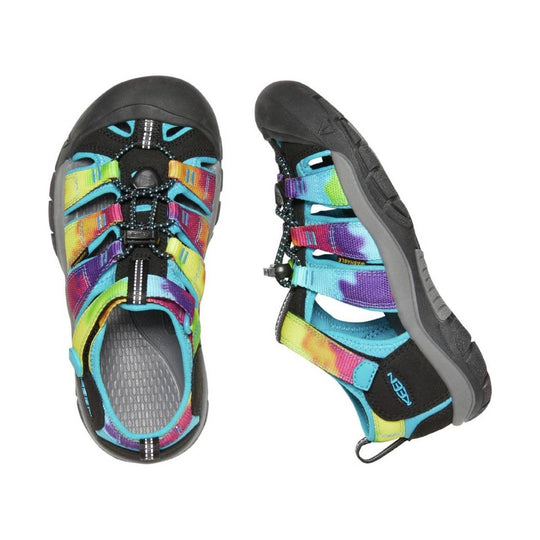 Colorful closed-toe kids' hiking sandal with black toe cap, bungee lacing, and side cutouts