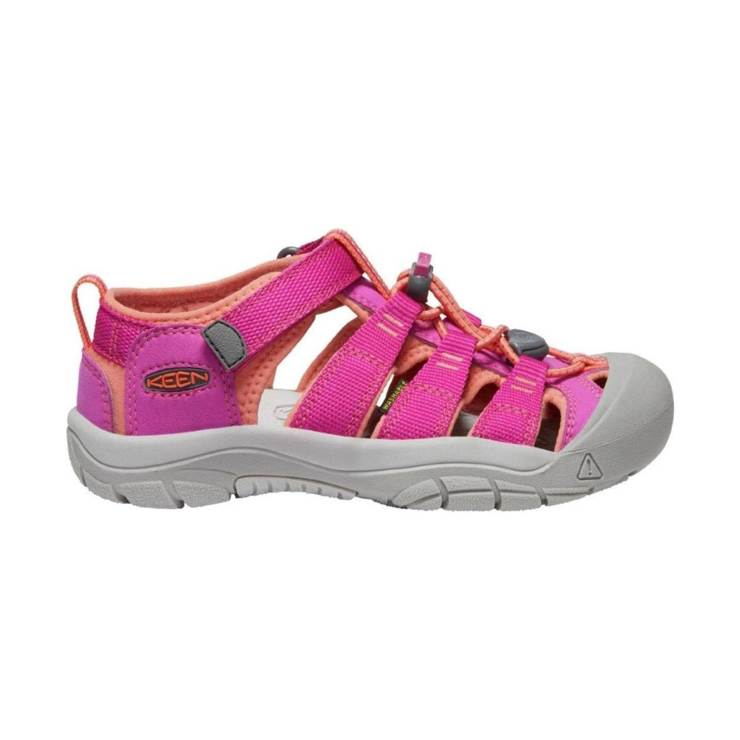 Pink and coral closed-toe hiking sandal with bungee laces, side cutouts, and gray toe bumper