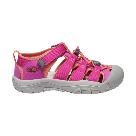 Pink and coral closed-toe hiking sandal with bungee laces, side cutouts, and gray toe bumper