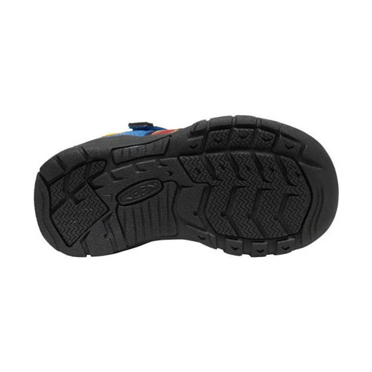 Black rubber sandal outsole with deep tread and a small KEEN logo