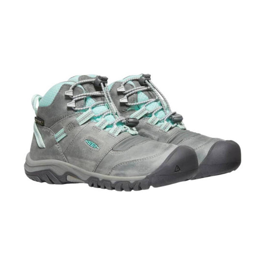 Pair of gray mid hiking boots with aqua accents, bungee laces, and black rubber toe caps
