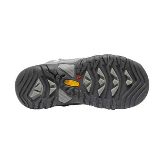 Gray boot outsole with deep black lugs, light gray traction inserts, and a yellow KEEN logo