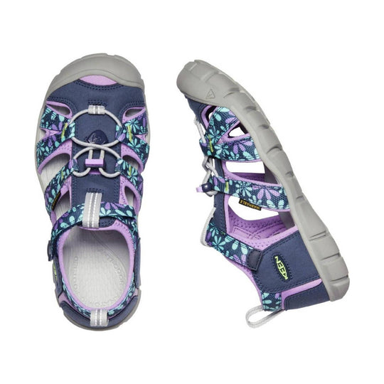 Kids’ closed-toe hiking sandals in navy, lavender, and floral straps with gray soles