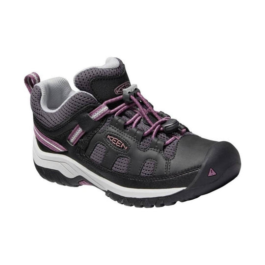 Purple and black kids' hiking shoe with bungee laces and a rubber toe cap