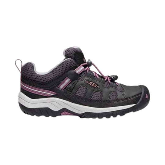 Black and purple low hiking shoe with bungee laces, mesh panels, and a white midsole