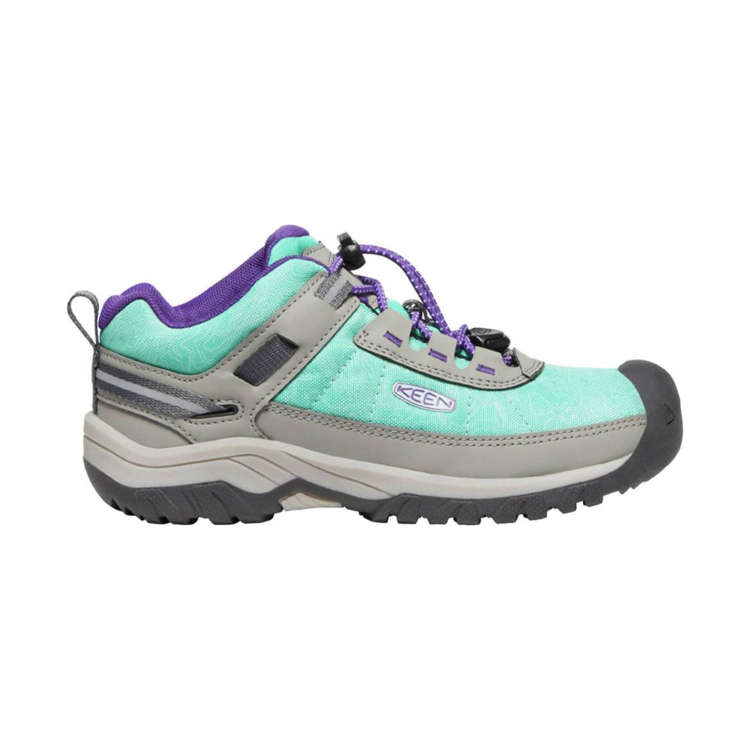 Mint and gray trail shoe with purple trim, bungee laces, and a black toe cap