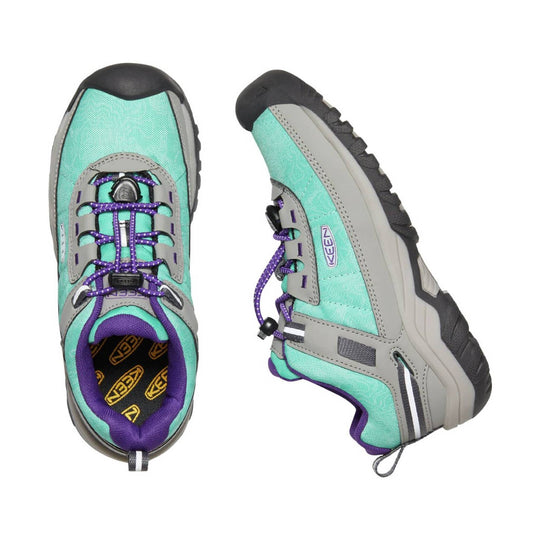 Mint and gray hiking shoes with purple laces, black toe caps, and side KEEN logos