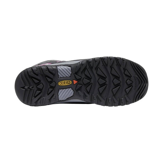 Black hiking boot outsole with aggressive tread, KEEN logo, and gray textured inserts