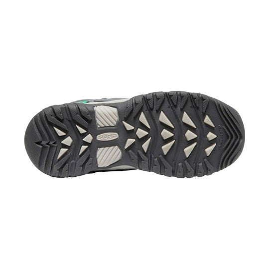 Black rugged boot outsole with triangular lugs and KEEN logo at center