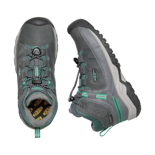 Gray-and-teal hiking boot shown from top and side views with bungee laces and a black toe cap