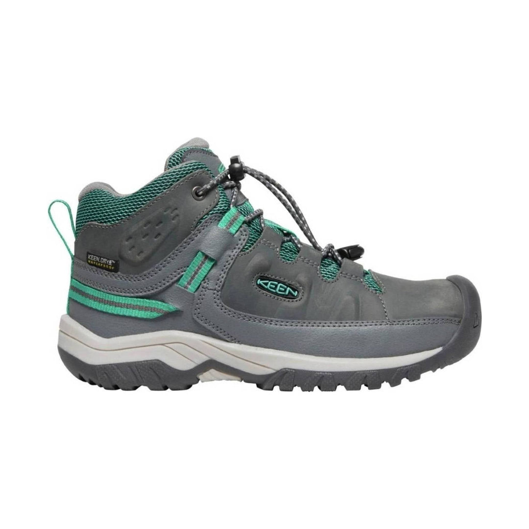 Gray mid-top hiking boot with teal accents, bungee laces, and rugged tread