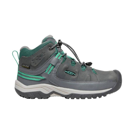 Gray mid-top hiking boot with teal accents, bungee laces, and rugged tread