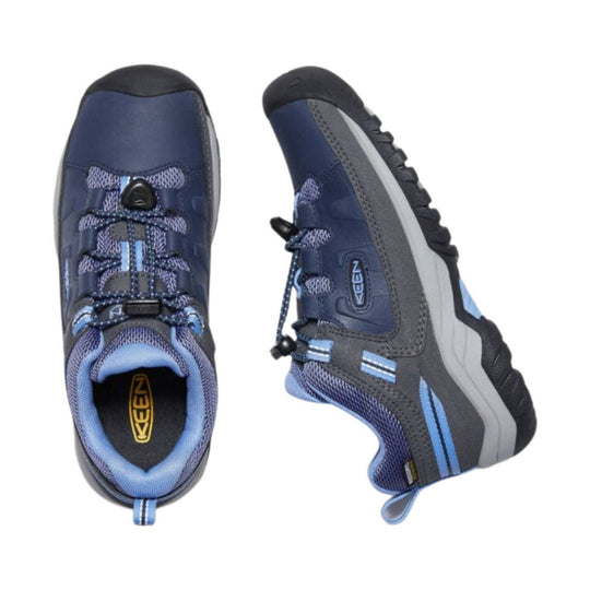 Blue and gray low-top hiking shoe with bungee laces and black toe cap