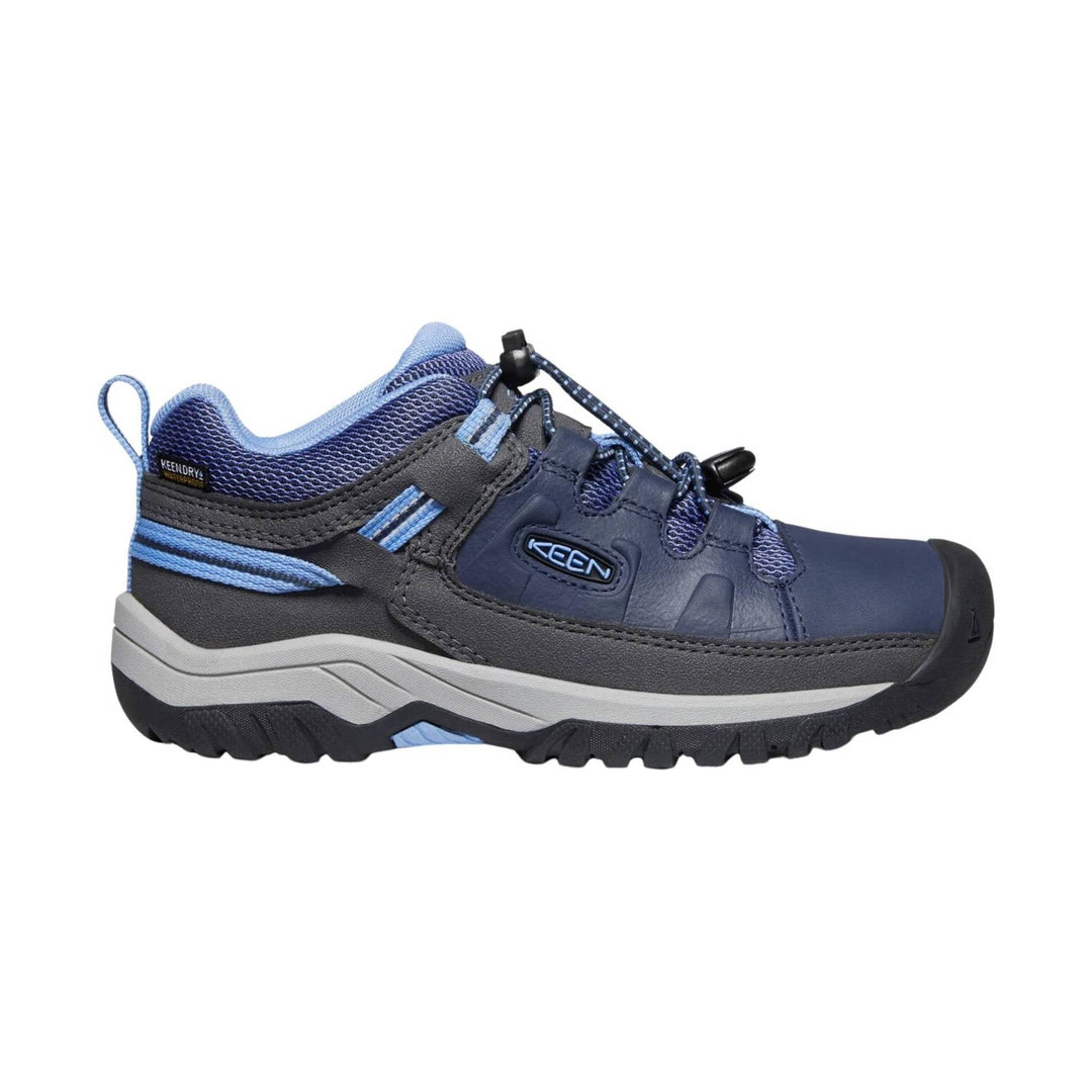 Blue and gray waterproof hiking shoe with bungee laces and a black rubber toe cap