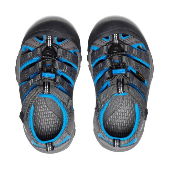 Gray and blue closed-toe children’s hiking sandal with adjustable straps and a black toe cap, top view