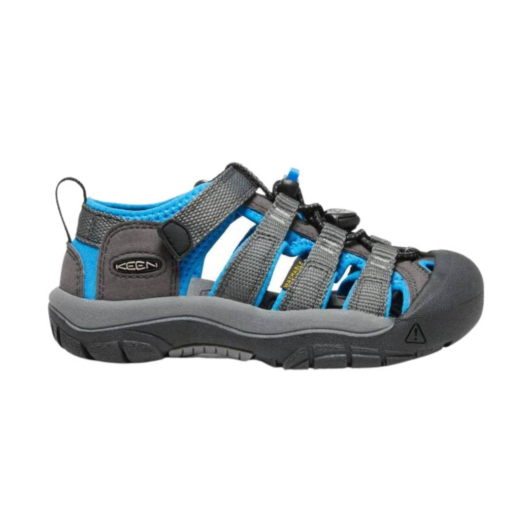 Blue and gray closed-toe kids' hiking sandal with elastic bungee laces and a black toe cap