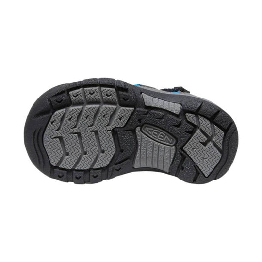 Black and gray sandal outsole with deep tread and KEEN logo