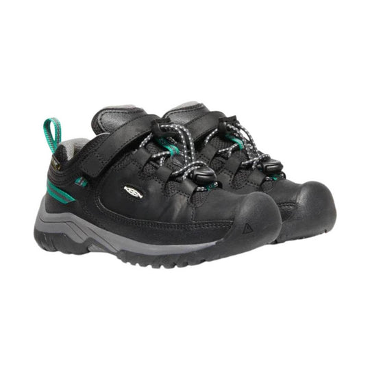 Black low-top hiking shoes with bungee laces, teal accents, and rubber toe caps