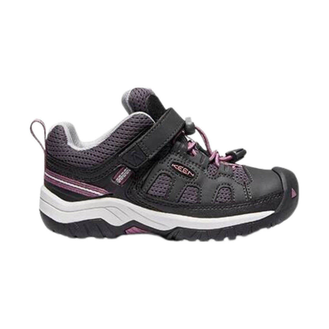 Kids' gray and purple hiking shoe with bungee laces, strap closure, and black rubber toe cap