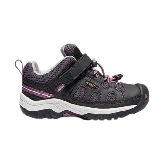 Kids' gray and purple hiking shoe with bungee laces, strap closure, and black rubber toe cap