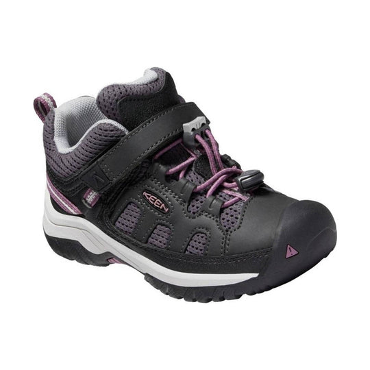 Black and purple kids' hiking shoe with bungee laces, strap closure, and reinforced toe cap