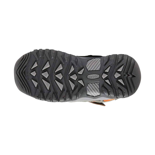 Black hiking boot outsole with rugged tread and KEEN logo