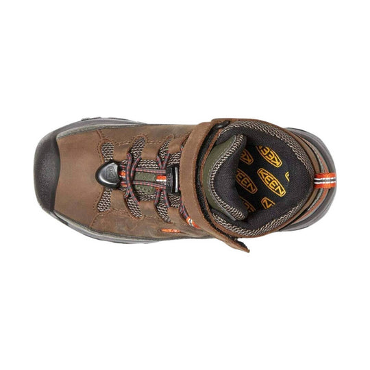 Brown and black kids hiking boot with bungee laces and a padded collar, top view