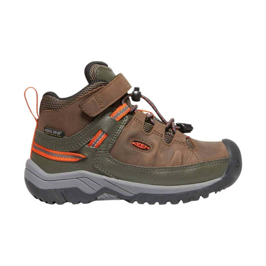 Brown and olive children’s hiking boot with orange accents, bungee laces, and a rubber toe cap
