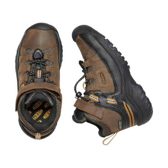 Brown and black kids' hiking boots with bungee laces and rubber toe caps, shown top and side views