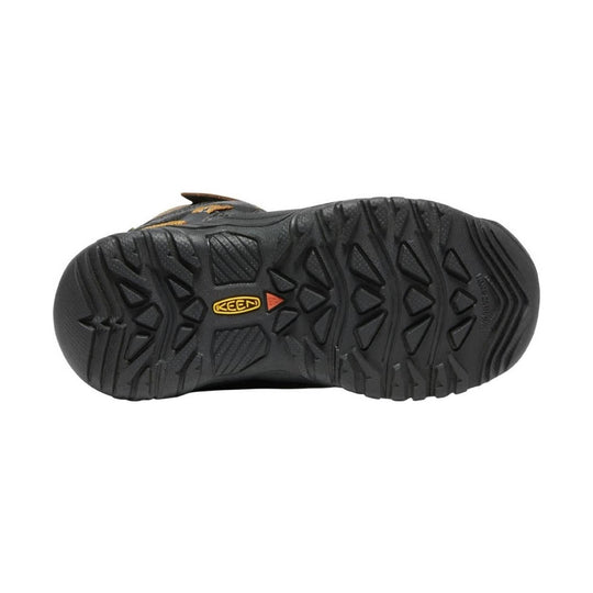Black hiking boot outsole with deep lugs and KEEN logo