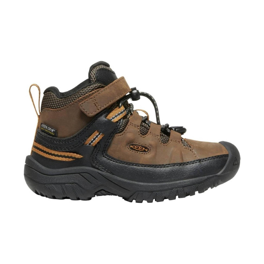 Brown and black kids' hiking boot with bungee laces and a rubber toe cap