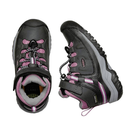 Black and pink children's hiking boot with bungee laces and a side view