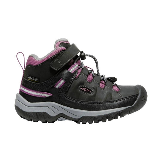 Black and purple children’s hiking boot with bungee laces, ankle strap, and rugged tread, side view
